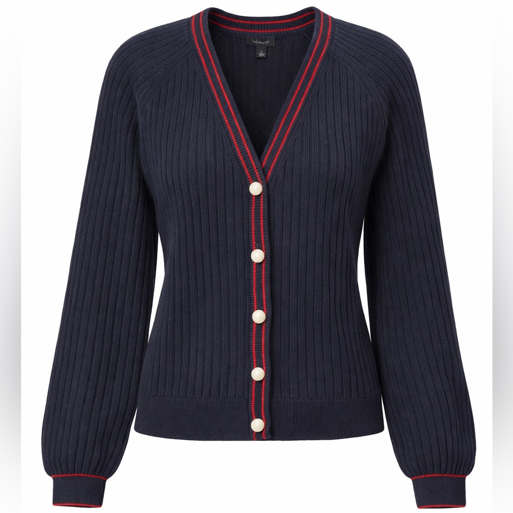 Talbots V-Neck Tipped Cardigan Women L Navy Red Ribbed Faux Pearl Buttons Preppy